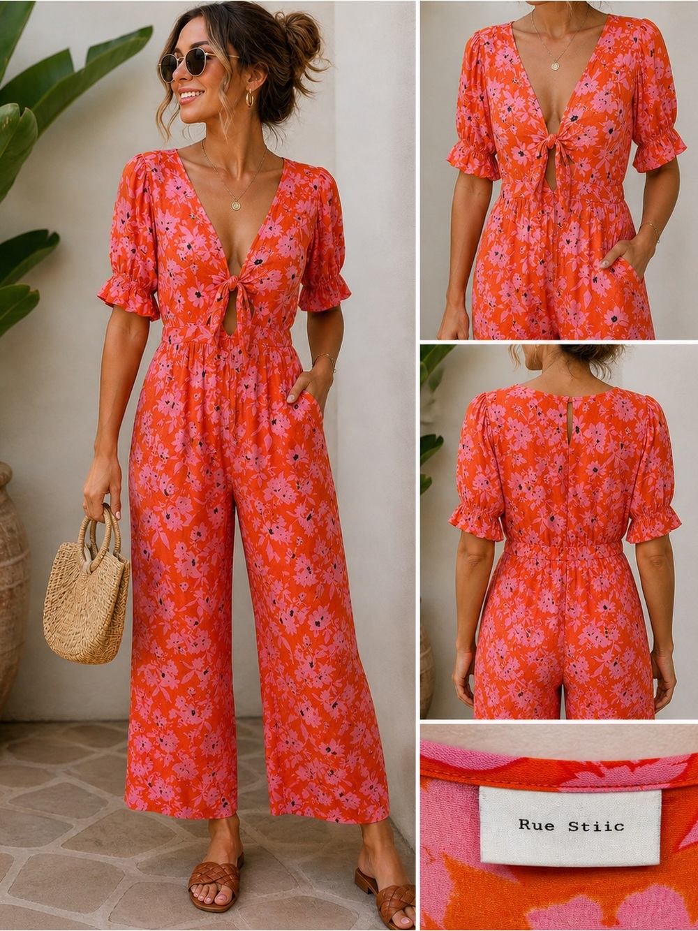 Rue Stiic Orange Pink Floral Romper Jumpsuit Tie Front Boho Resort